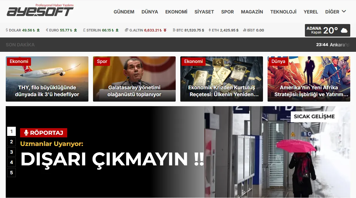 Ayesoft haber yazılımıyla çalışan demo sitenin ana sayfası